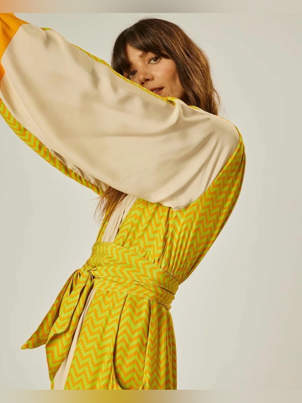 Natalie Martin Fiore Silk Lime Green/Tangerine Zigzag Print Maxi Dress NWT XS - Picture 8 of 9